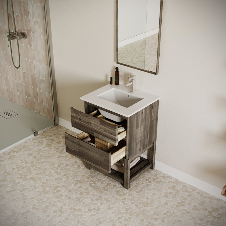 24" Brown Engineered Wood Freestanding Vanity with Quartz Top