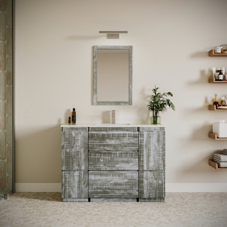 Ash Gray Acacia Wood Freestanding Single Bathroom Cabinet