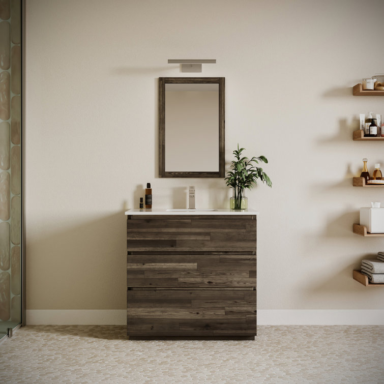 Elegant 36" Brown Quartz Top Bathroom Vanity Set with Mirror