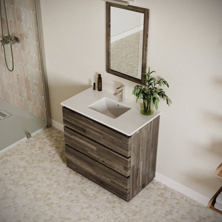 Elegant 36" Brown Quartz Top Bathroom Vanity Set with Mirror