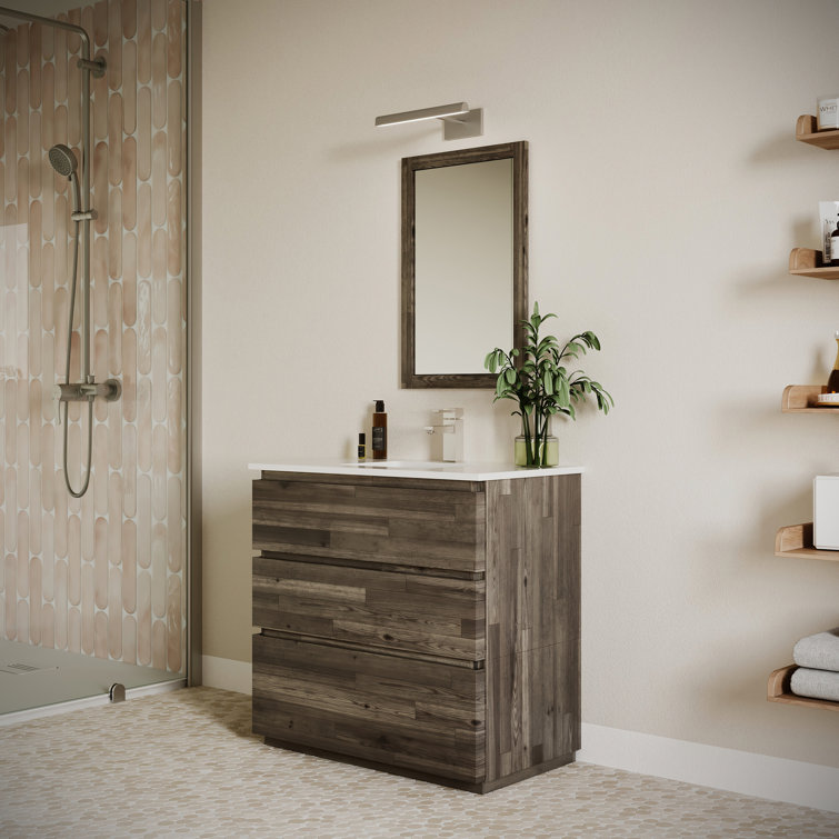 Elegant 36" Brown Quartz Top Bathroom Vanity Set with Mirror