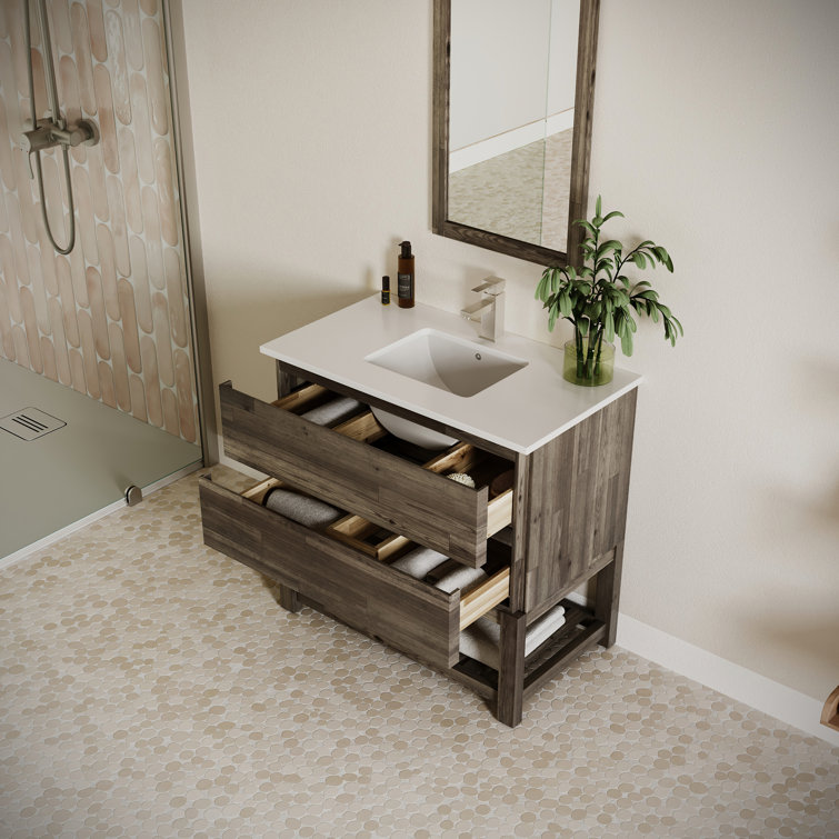 Elegant Acacia Wood 36" Vanity with Quartz Top and Open Shelf