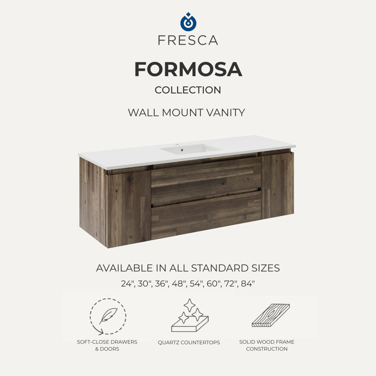 Elegant 60" Dual Sink Brown Quartz Wall-Mount Vanity Set