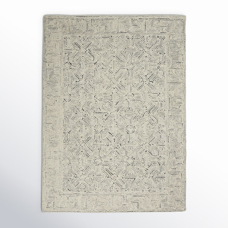 Cream and Navy Tufted Geometric Wool Area Rug