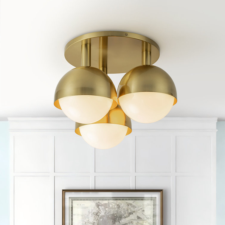 Brass 3-Light Opal Glass Globe Semi Flush Mount