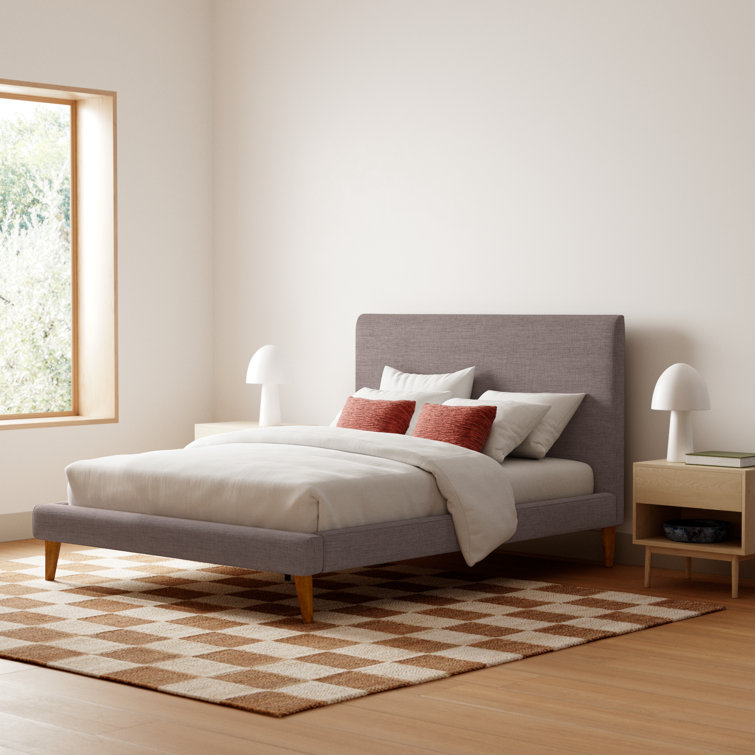Britney Mid-Century Queen Platform Bed in Dark Grey with Pine Frame