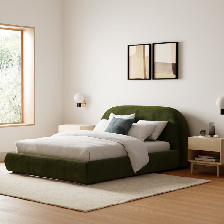 Distressed Green Velvet Queen Upholstered Bed with Headboard