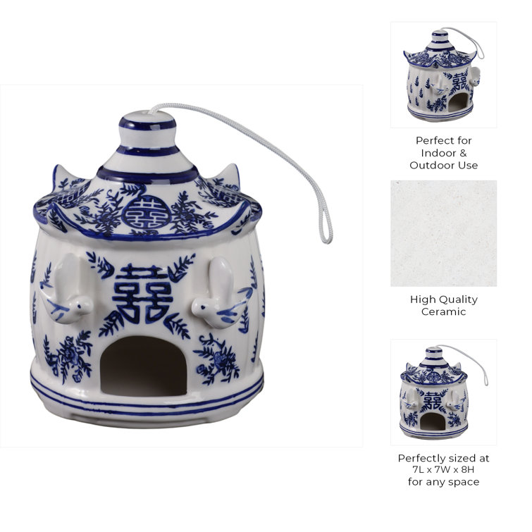 White and Blue Ceramic Pagoda Bird House with Hanging Rope