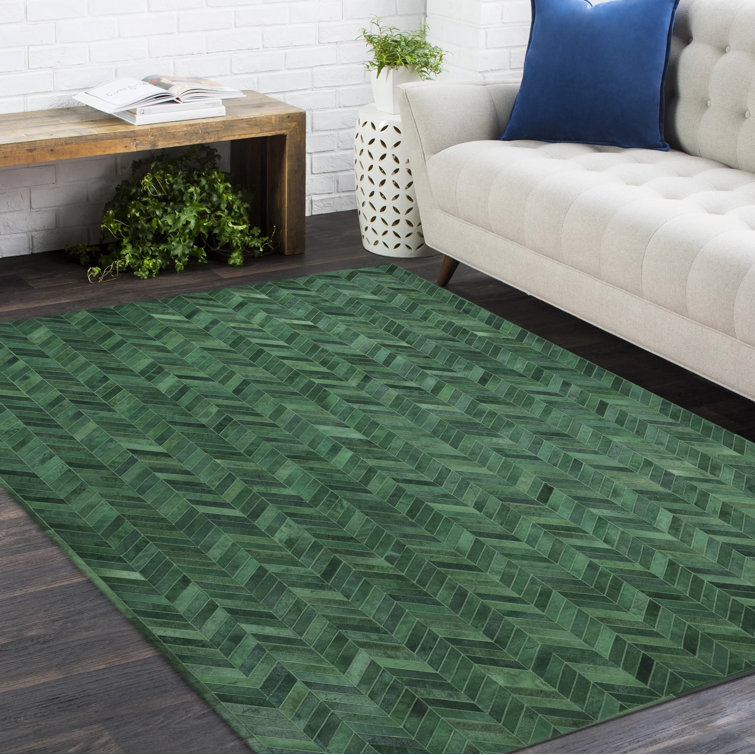 Handmade Green Cowhide Geometric Rectangular Area Rug, 9' x 12'