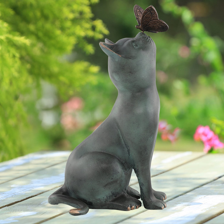 Verdi and Bronze Cat and Butterfly Garden Statue