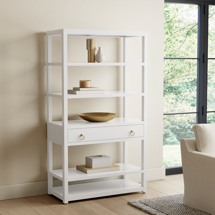 Elevated Elegance White Acacia Wood Etagere Bookcase with Gold Hardware