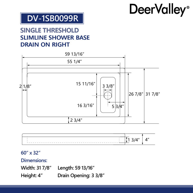 60" x 32" White Acrylic Shower Base with Stainless Steel Drain Cover