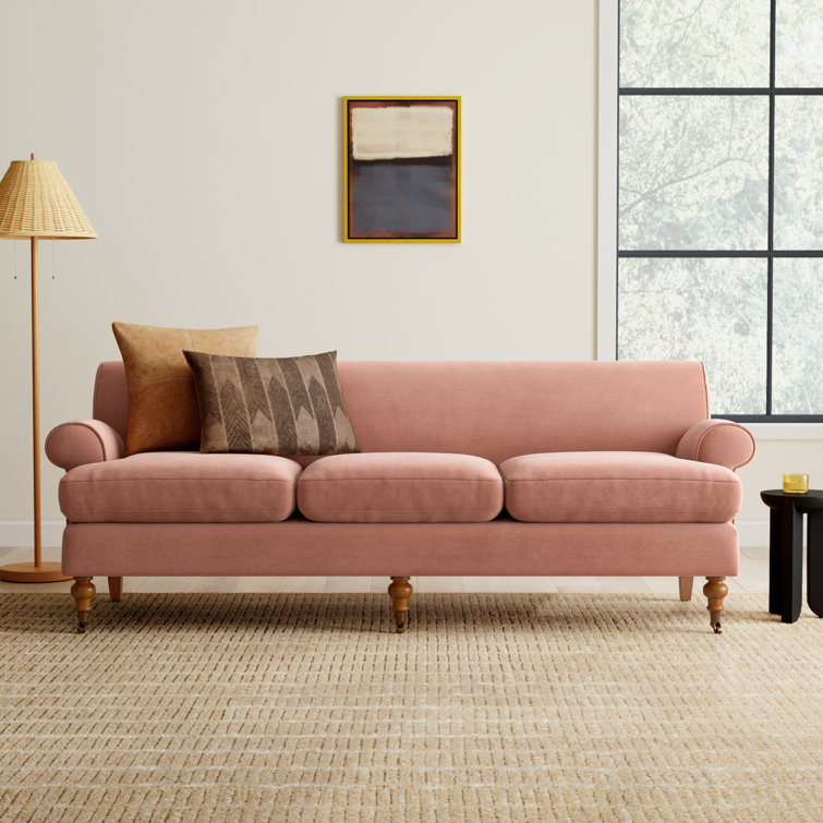 Peach Orange Velvet Lawson Sofa with Pinewood Frame and Removable Cushions