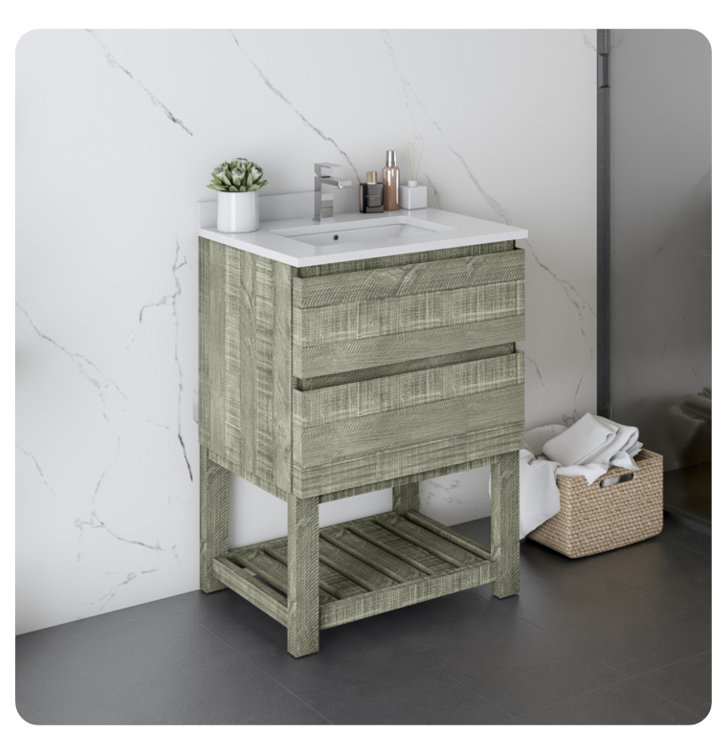 Ash Gray Acacia Wood Single Bathroom Cabinet with Quartz Top and Sink