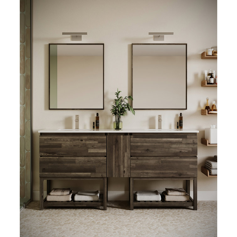 72" Brown Quartz Double Sink Vanity Set with Mirrors