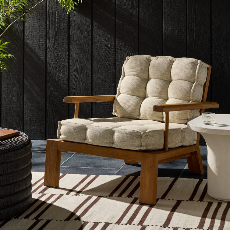 Natural Teak and Cream Tufted Cushion Lounge Chair