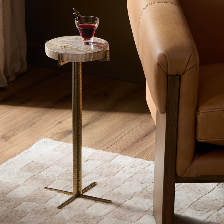 Casella 20'' Round Brass & Petrified Wood Side Table