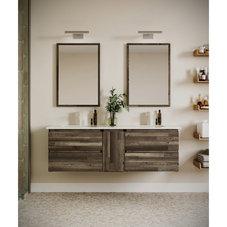 Elegant 60" Dual Sink Brown Quartz Wall-Mount Vanity Set