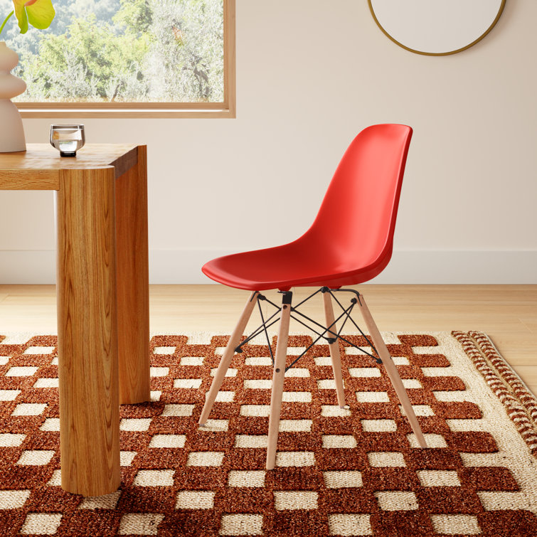Red Plastic Bucket Seat Side Chair with Natural Wood Legs