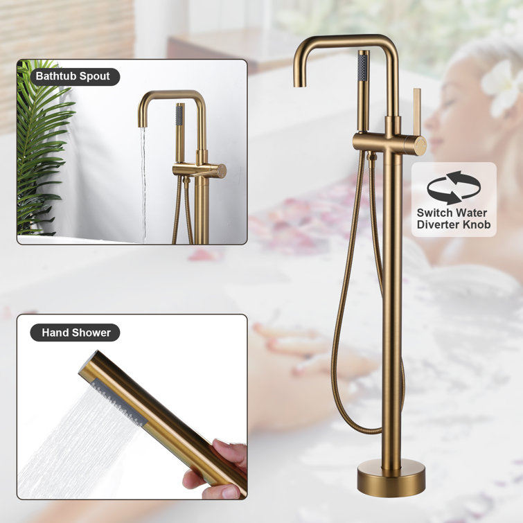 Gold Freestanding Tub Faucet with Hand Shower and Lever Handle