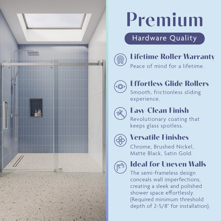 Brushed Nickel Frameless Sliding Shower Door with Clear Glass