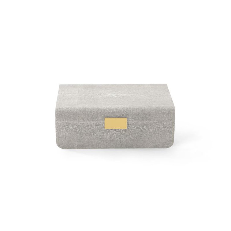 Large Dove Gray Shagreen Jewelry Box with Brass Detailing