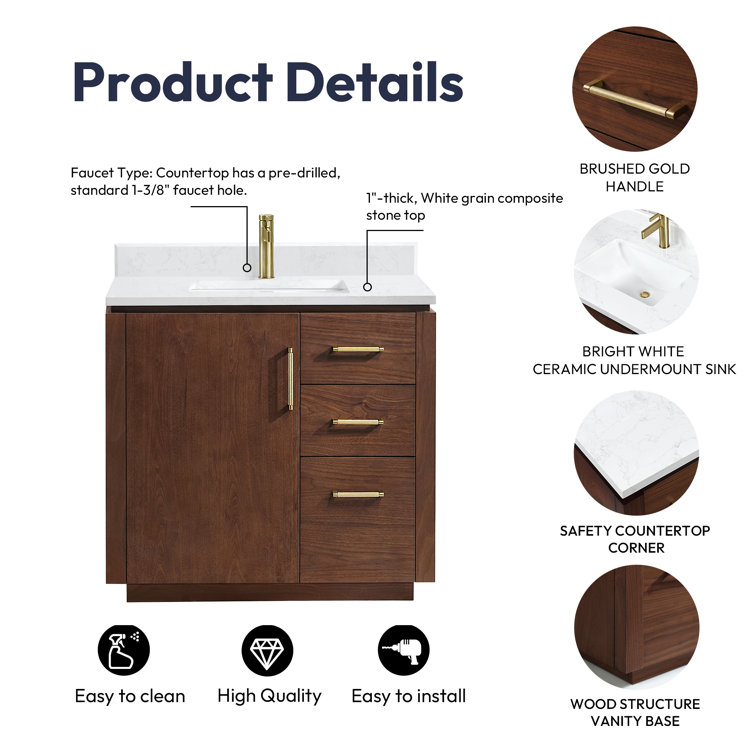 San 36'' Walnut and White Single Bathroom Vanity
