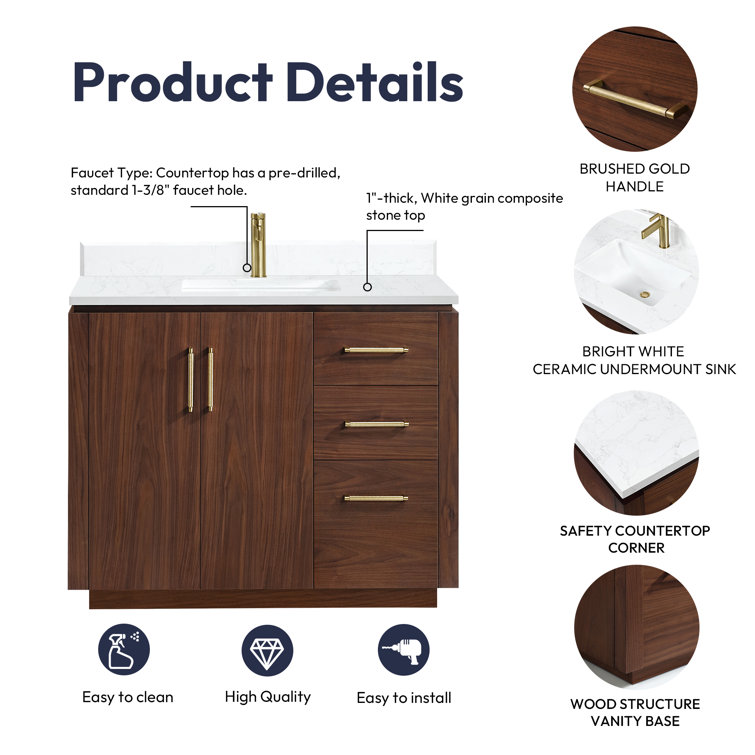 San 42'' Natural Walnut Single Bathroom Vanity with Gold Hardware
