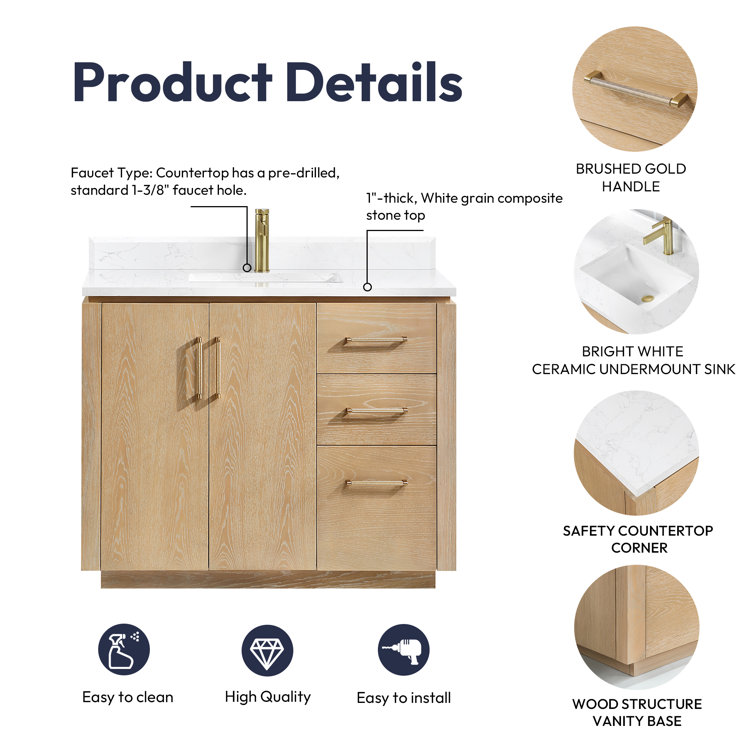 San 42'' Washed Ash Gray Single Bathroom Vanity with Gold Hardware