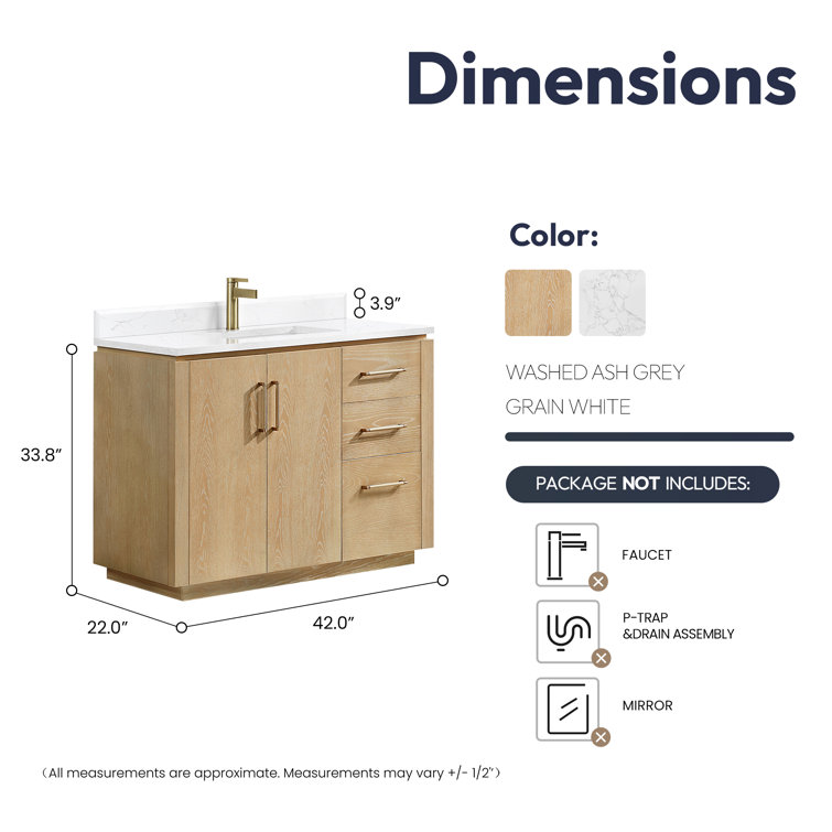 San 42'' Washed Ash Gray Single Bathroom Vanity with Gold Hardware