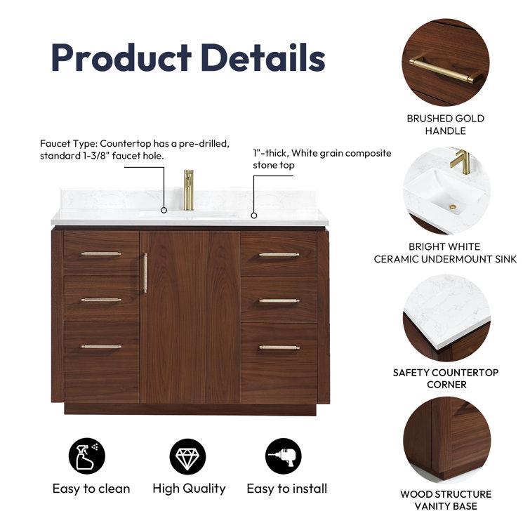 San 48'' Natural Walnut Single Bathroom Vanity with White Stone Top
