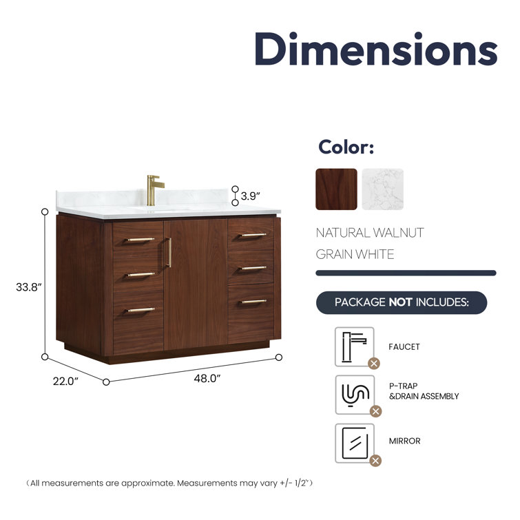 San 48'' Natural Walnut Single Bathroom Vanity with White Stone Top