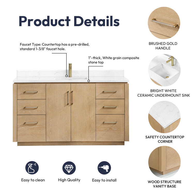 Washed Ash Gray 60'' Single Bathroom Vanity with Gold Hardware