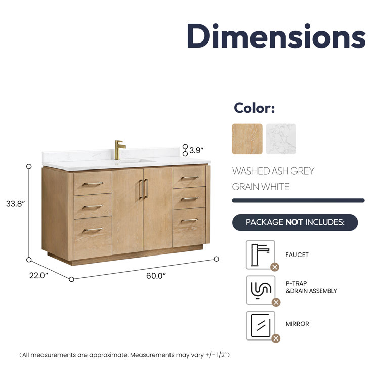 Washed Ash Gray 60'' Single Bathroom Vanity with Gold Hardware