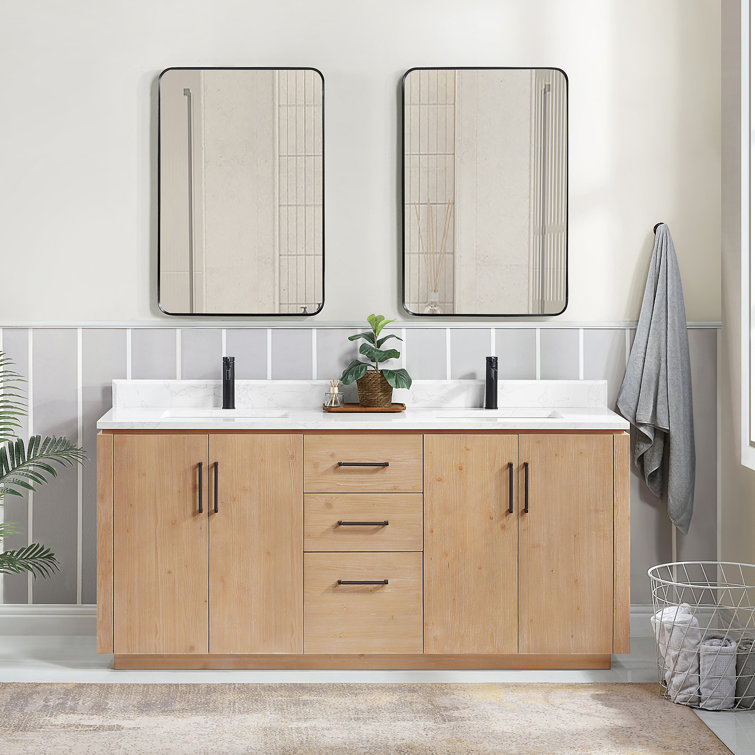 San 72'' Light Brown Wood Double Sink Vanity with White Ceramic Countertop