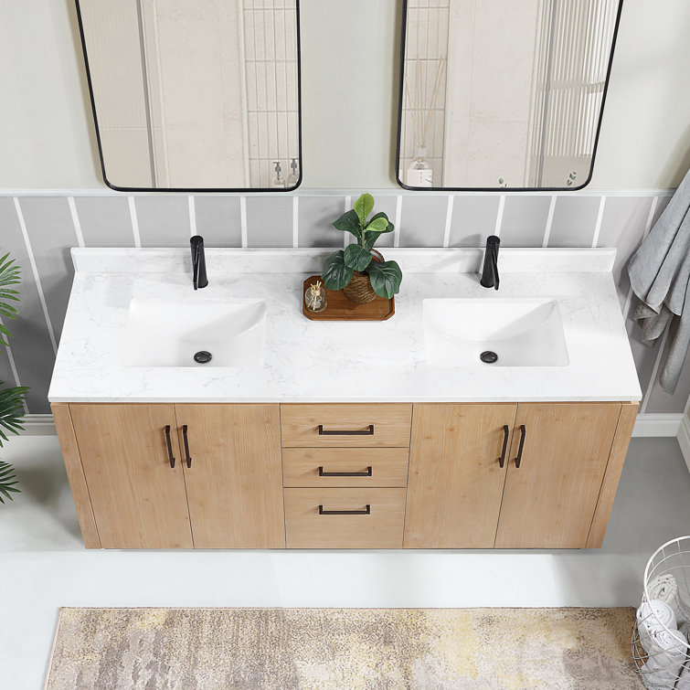 San 72'' Light Brown Wood Double Sink Vanity with White Ceramic Countertop
