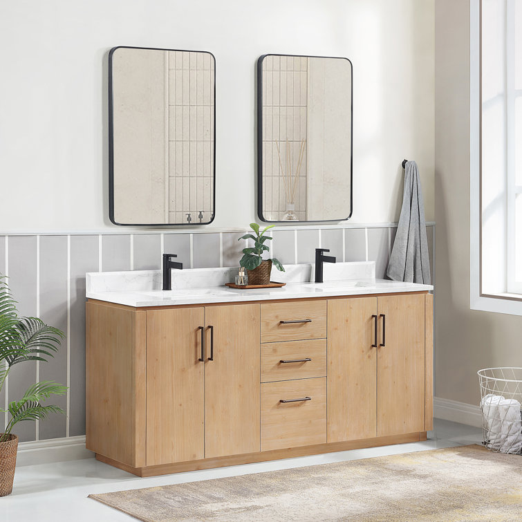 San 72'' Light Brown Wood Double Sink Vanity with White Ceramic Countertop