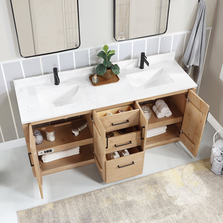 San 72'' Light Brown Wood Double Sink Vanity with White Ceramic Countertop