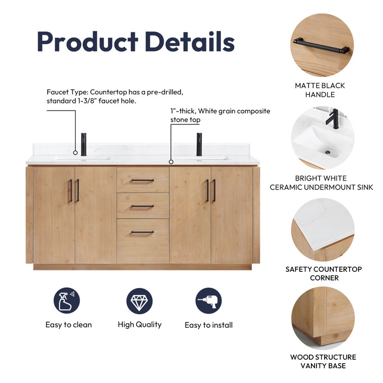 San 72'' Light Brown Wood Double Sink Vanity with White Ceramic Countertop