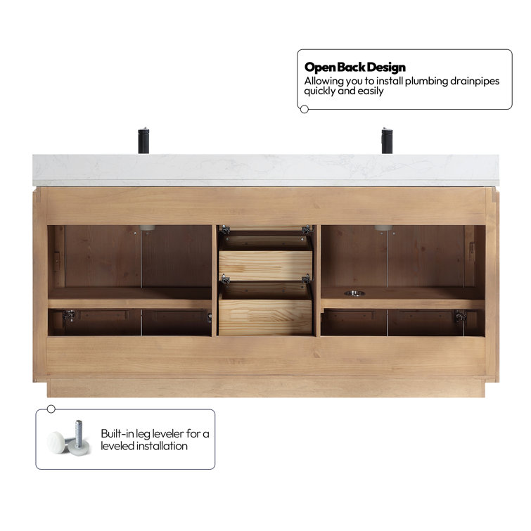 San 72'' Light Brown Wood Double Sink Vanity with White Ceramic Countertop