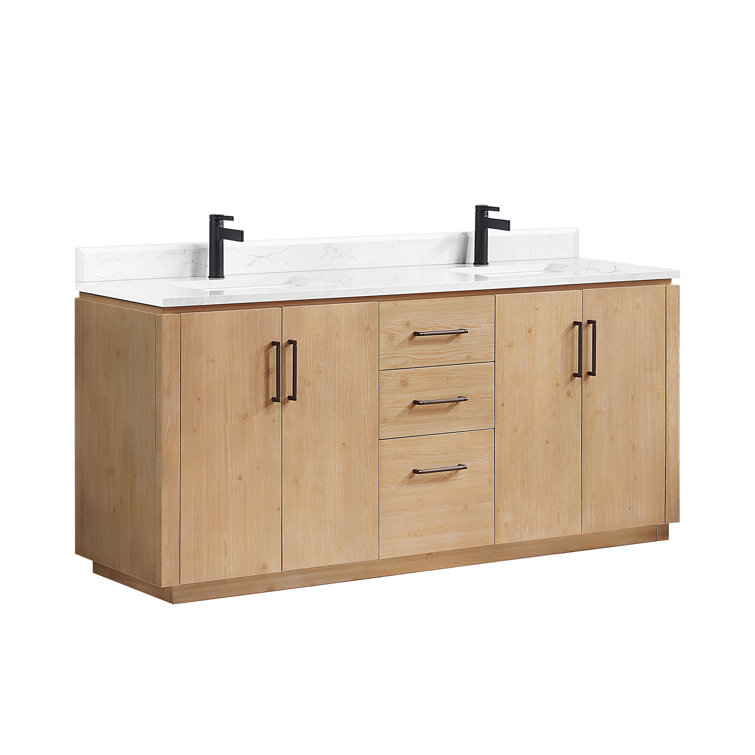 San 72'' Light Brown Wood Double Sink Vanity with White Ceramic Countertop