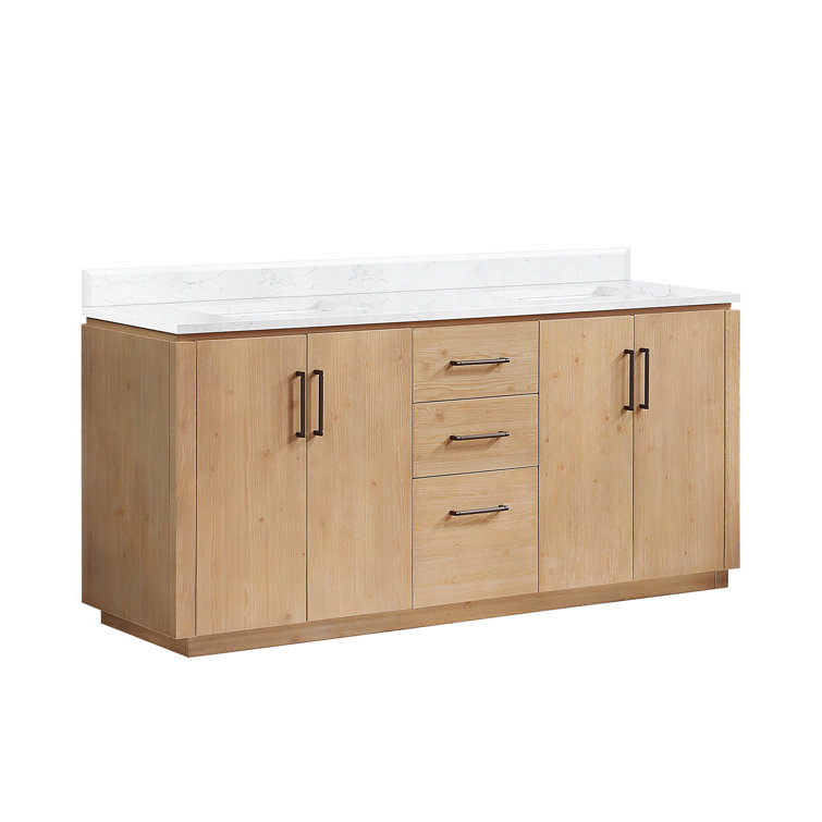 San 72'' Light Brown Wood Double Sink Vanity with White Ceramic Countertop