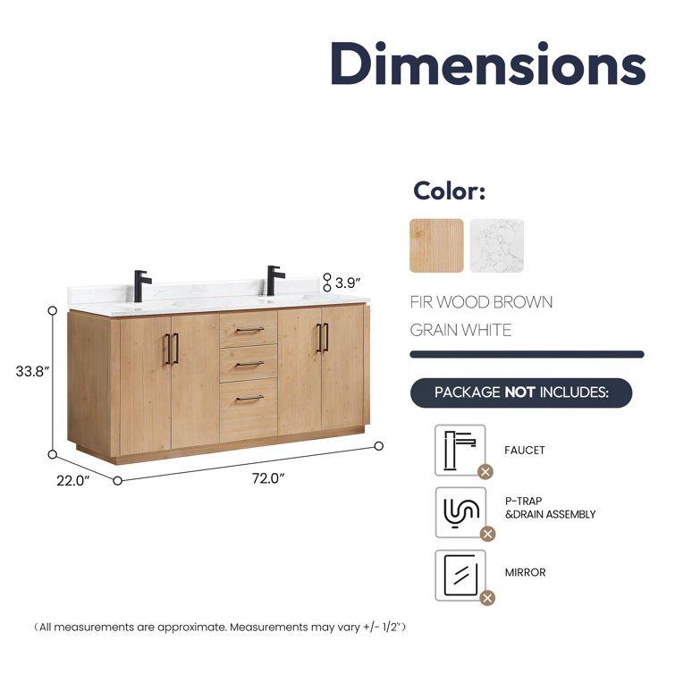 San 72'' Light Brown Wood Double Sink Vanity with White Ceramic Countertop