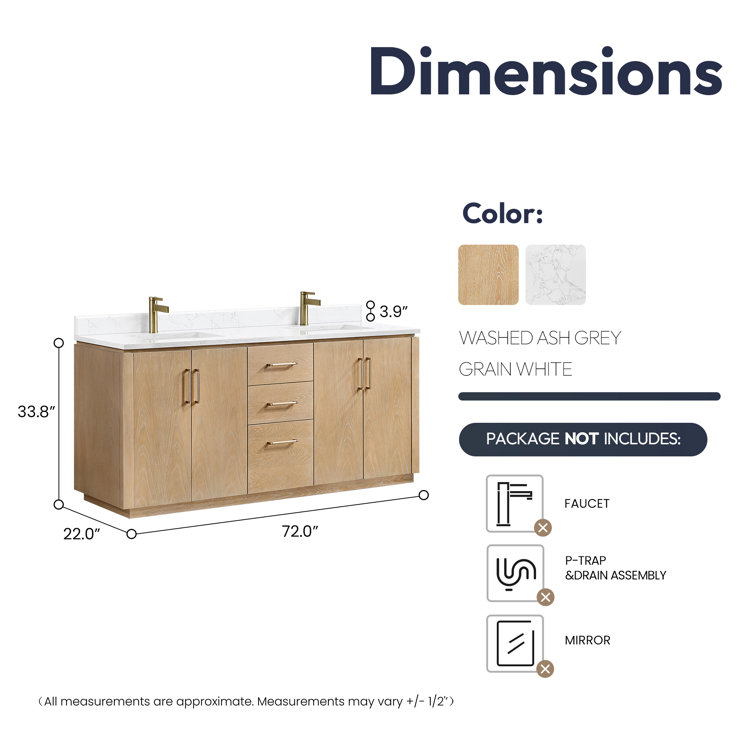 San 72'' Washed Ash Double Bathroom Vanity with Gold Hardware