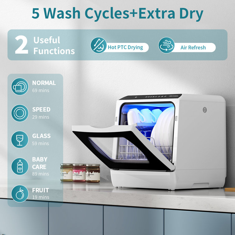 Compact White and Black Portable Countertop Dishwasher with Built-in Water Tank