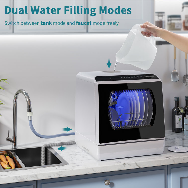 Compact White and Black Portable Countertop Dishwasher with Built-in Water Tank