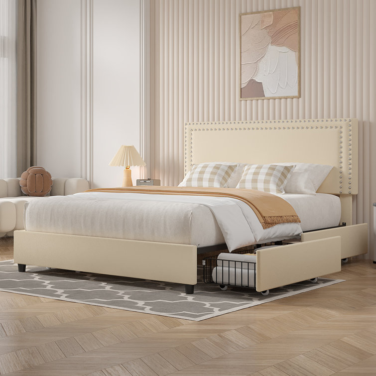 Beige Velvet Upholstered Queen Platform Bed with Storage Drawers