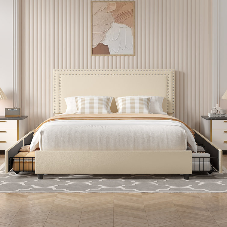 Beige Velvet Upholstered Queen Platform Bed with Storage Drawers
