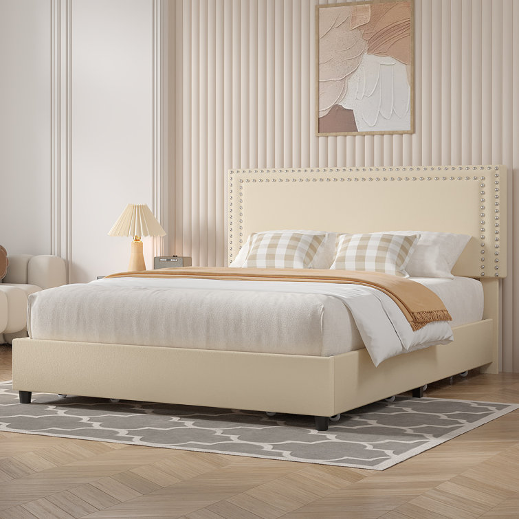 Beige Velvet Upholstered Queen Platform Bed with Storage Drawers