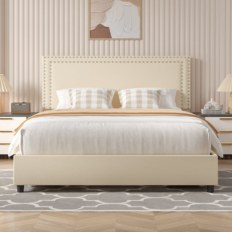 Beige Velvet Upholstered Queen Platform Bed with Storage Drawers